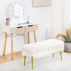 Costway Fauxfur Ottoman Bench Modern Vanity Bench Stool W/ Golden Legs WhitePink -Homcom Crosley Shop GUEST 0879c36f 8a58 471d 9a29 0551628e7ad1