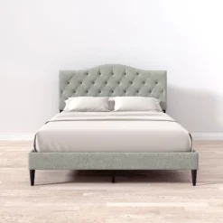 Glenwillow Home Oros Upholstered Platform Bed, Tufted Camelback, Mattress Foundation, Wood Slat Support, No Box Spring Needed, Stone, Queen -Homcom Crosley Shop GUEST 0902b6d3 ad41 4a4b a013 074939763287
