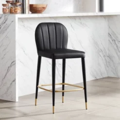 55 Downing Street Metal Bar Stool Black Gold 25" High Mid Century Modern Faux Leather Cushion With Backrest Footrest For Kitchen Counter Height Island