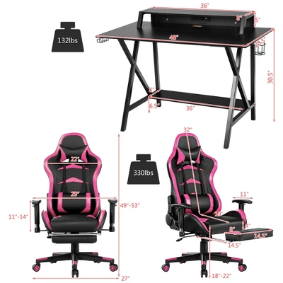 Costway Gaming Desk&Massage Gaming Chair Set W/ Footrest Monitor Shelf Power Strip Pink 3 Costway Gaming Desk&Massage Gaming Chair Set W/ Footrest Monitor Shelf Power Strip Pink
