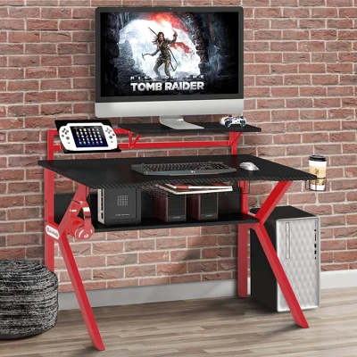 PVC Coated Ergonomic Metal Frame Gaming Desk Black/Red - The Urban Port 8 PVC Coated Ergonomic Metal Frame Gaming Desk Black/Red - The Urban Port - Image 6
