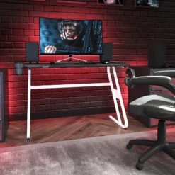 Emma And Oliver Professional Gaming Ergonomic Desk With Cup Holder And Headphone Hook