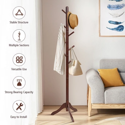 Costway Wooden Coat Rack Stand Entryway Hall Tree 2 Adjustable Height W/ 8 Hooks GrayBrown 10 Costway Wooden Coat Rack Stand Entryway Hall Tree 2 Adjustable Height W/ 8 Hooks GrayBrown - Image 8