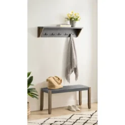 40" Davenport Coat Hook With Shelf And Faux Concrete Bench Set Light Amber - Alaterre Furniture