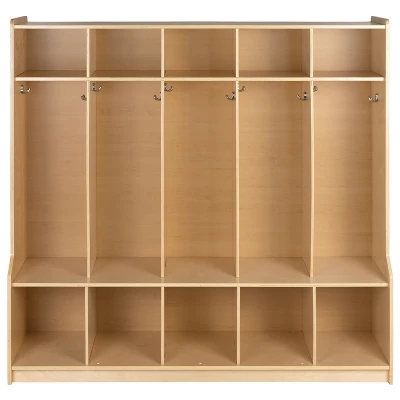 Flash Furniture Wooden 5 Section School Coat Locker With Bench, Cubbies, And Storage Organizer Hook-Safe, Kid Friendly Design - 48"H X 48"L (Natural) 10 Flash Furniture Wooden 5 Section School Coat Locker With Bench, Cubbies, And Storage Organizer Hook-Safe, Kid Friendly Design - 48"H X 48"L (Natural) - Image 8
