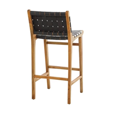 Modern Teak Woven Leather Barstool Black - Olivia & May 6 Modern Teak Woven Leather Barstool Black - Olivia & May - Image 4