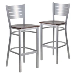 Emma And Oliver 2 Pack Silver Slat Back Metal Restaurant Barstool