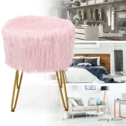 Costway Faux Fur Vanity Chair Makeup Stool Furry Padded Seat Round Ottoman Pink/White -Homcom Crosley Shop GUEST 1b0ef704 77a3 47c7 bb49 71c2f767ceb5