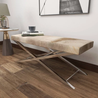 Contemporary Stainless Steel Cowhide X-Bench Beige - Olivia & May 9 Contemporary Stainless Steel Cowhide X-Bench Beige - Olivia & May - Image 7