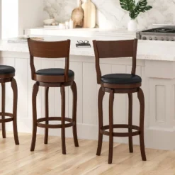 Merrick Lane 30" Classic Wooden Open Back Swivel Bar Height Pub Stool With Upholstered Padded Seat And Integrated Footrest