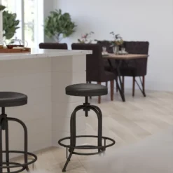 Merrick Lane Barstool Contemporary Black Faux Leather Backless Stool With Swivel Seat Height Adjustment And Footrest