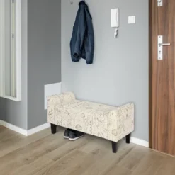 HOMCOM 41" Ottoman Bench, Modern Linen Armed Entryway Bench, Signature Print With Cream White Parchment Background