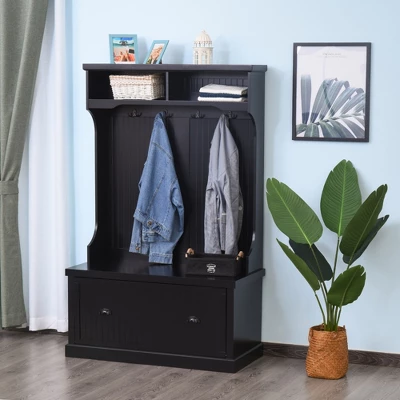 HOMCOM Hall Tree For Entryway, Coat Rack Shoe Bench With Bottom Storage, 4 Metal Double Hooks And 2 Shelves For Hallway, Living Room, Black 4 HOMCOM Hall Tree For Entryway, Coat Rack Shoe Bench With Bottom Storage, 4 Metal Double Hooks And 2 Shelves For Hallway, Living Room, Black - Image 2