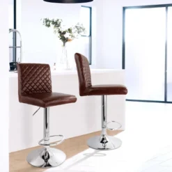 Elama 2 Piece Adjustable Tufted Faux Leather Bar Stool In Glossy Cherry With Chrome Base