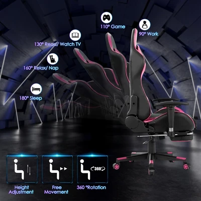 Costway Gaming Desk&Massage Gaming Chair Set W/ Footrest Monitor Shelf Power Strip Pink 8 Costway Gaming Desk&Massage Gaming Chair Set W/ Footrest Monitor Shelf Power Strip Pink - Image 6