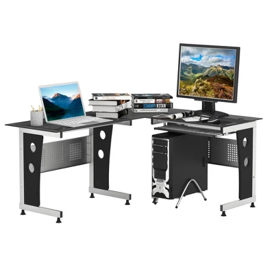 HOMCOM L-Shaped Corner Computer Desk Gaming Table Home Office Workstation Glass Top P2 MDF With Keyboard Tray - Black 5 HOMCOM L-Shaped Corner Computer Desk Gaming Table Home Office Workstation Glass Top P2 MDF With Keyboard Tray - Black - Image 3