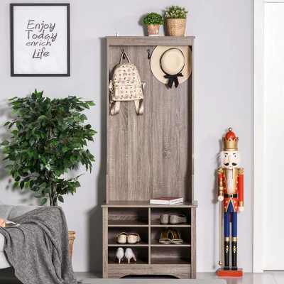 HOMCOM Coat Rack Wooden Hall Tree Storage Organizer Shoe Bench With Shoe Rack 3 Hooks For Hallway Or Living Room, Brown 3 HOMCOM Coat Rack Wooden Hall Tree Storage Organizer Shoe Bench With Shoe Rack 3 Hooks For Hallway Or Living Room, Brown