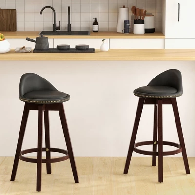 Costway Set Of 2 Upholstered Swivel Barstools 29'' Wooden Dining Chairs With Low Back Black 4 Costway Set Of 2 Upholstered Swivel Barstools 29'' Wooden Dining Chairs With Low Back Black - Image 2