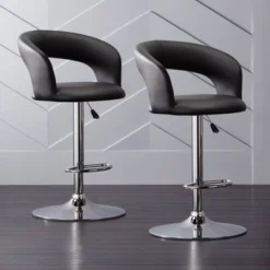 Studio 55D Chrome Swivel Bar Stools Set Of 2 30" High Modern Black Cushion With Backrest Footrest Kitchen Counter Height Island