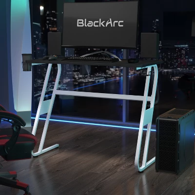 BlackArc Gaming Desk - Laminate Top - "S" Shaped Steel Frame - Detachable Cupholder/Headphone Hook-2 Cable Management Holes 2 BlackArc Gaming Desk - Laminate Top - "S" Shaped Steel Frame - Detachable Cupholder/Headphone Hook-2 Cable Management Holes