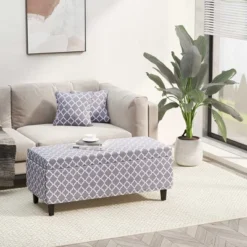 HOMCOM Large 42" Tufted Linen Fabric Upholstery Storage Ottoman Bench With Lift-top For Living Room, Entryway, Or Bedroom - Gray Lattice -Homcom Crosley Shop GUEST 40092e6e 5c79 42e6 ae64 7d4a6d5581cb