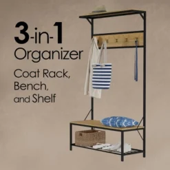 Hastings Home 3-in-1 Freestanding Entryway Storage Bench And Metal Hall Tree Organizer- Sand/Black -Homcom Crosley Shop GUEST 41100db8 0390 411c a80a 11b34b964465