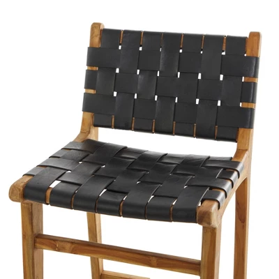 Modern Teak Woven Leather Barstool Black - Olivia & May 4 Modern Teak Woven Leather Barstool Black - Olivia & May - Image 2