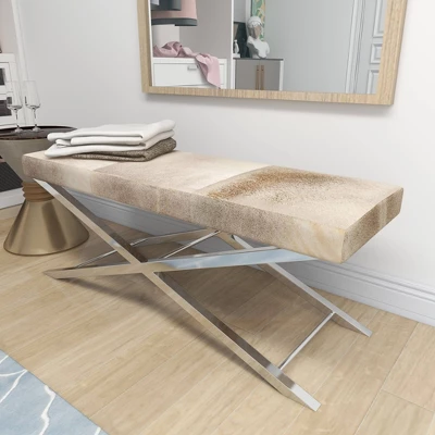 Contemporary Stainless Steel Cowhide X-Bench Beige - Olivia & May 19 Contemporary Stainless Steel Cowhide X-Bench Beige - Olivia & May - Image 17