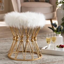 Leonie Faux Fur Upholstered Metal Ottoman White/Gold - Baxton Studio -Homcom Crosley Shop GUEST 523d703a ccb2 46fc be4a 6bae15960523