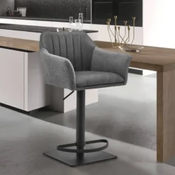 Erin Adjustable Barstool With Gray Faux Leather Fabric - Black Metal Finish - Armen Living