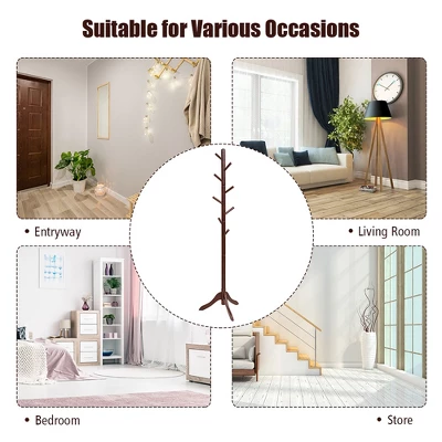 Costway Wooden Coat Rack Stand Entryway Hall Tree 2 Adjustable Height W/ 8 Hooks GrayBrown 7 Costway Wooden Coat Rack Stand Entryway Hall Tree 2 Adjustable Height W/ 8 Hooks GrayBrown - Image 5