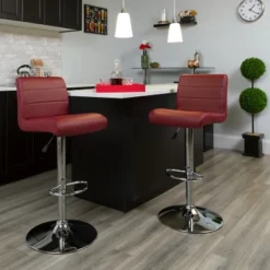 Emma And Oliver 2 Pack Contemporary Vinyl Adjustable Height Barstool With Rolled Seat And Chrome Base