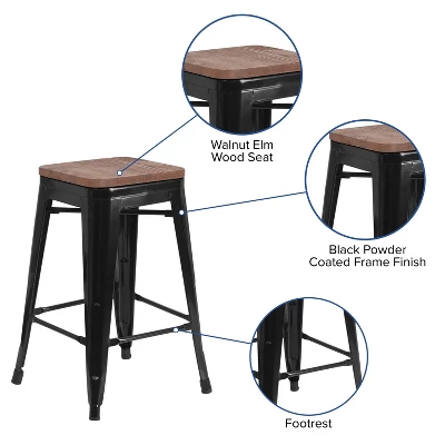 Emma And Oliver 24"H Backless Black Metal Counter Height Stool With Wood Seat 5 Emma And Oliver 24"H Backless Black Metal Counter Height Stool With Wood Seat - Image 3