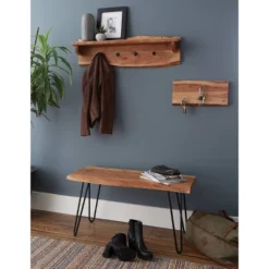 36" Hairpin Live Edge Wood Storage Bench With Coat Hook Shelf Set Natural - Alaterre Furniture