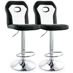 Elama 2 Piece Faux Leather Adjustable Bar Stool In Black And White With Chrome Trim And Base