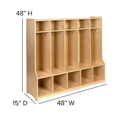 Flash Furniture Wooden 5 Section School Coat Locker With Bench, Cubbies, And Storage Organizer Hook-Safe, Kid Friendly Design - 48"H X 48"L (Natural) 6 Flash Furniture Wooden 5 Section School Coat Locker With Bench, Cubbies, And Storage Organizer Hook-Safe, Kid Friendly Design - 48"H X 48"L (Natural) - Image 4