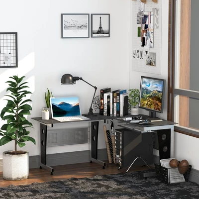 HOMCOM L-Shaped Corner Computer Desk Gaming Table Home Office Workstation Glass Top P2 MDF With Keyboard Tray - Black 4 HOMCOM L-Shaped Corner Computer Desk Gaming Table Home Office Workstation Glass Top P2 MDF With Keyboard Tray - Black - Image 2