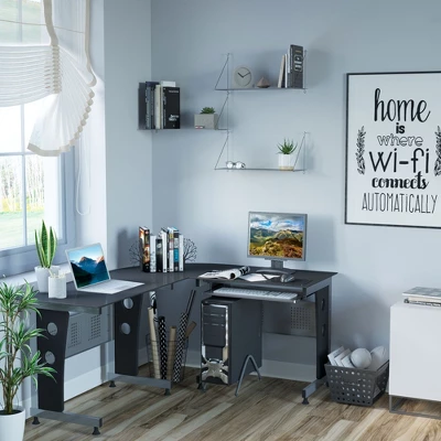 HOMCOM L-Shaped Corner Computer Desk Gaming Table Home Office Workstation Glass Top P2 MDF With Keyboard Tray - Black 3 HOMCOM L-Shaped Corner Computer Desk Gaming Table Home Office Workstation Glass Top P2 MDF With Keyboard Tray - Black