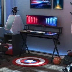 HOMCOM 55 Inch Gaming Desk Racing Style Computer Office PC Gamer Workstation With Elevated Monitor Stand, Headphone Hook, Black