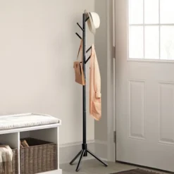 OSTO Multi-Purpose Wooden Freestanding Coat Rack With 6 Hooks And 3 Adjustable Sizes; No Tools Required