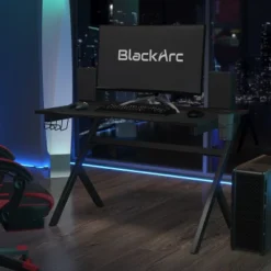 BlackArc Gaming Desk With Carbon Fiber Desktop, Steel Frame And Detachable Cupholder/Headphone Hook, Two Cable Management Holes