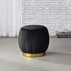 Simple Relax Upholstered Round Ottoman With Metal Base In Black And Gold