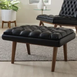 Baxton Studio Annetha Mid Century Modern Walnut Finished Wood Faux Leather Upholstered Ottoman Black -Homcom Crosley Shop GUEST 77edb94e 54e5 441e a00a c93d45ae36a6