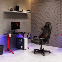 Conqueror Gaming Desk With Led Lights Black And Red - CorLiving