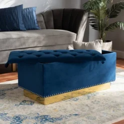 Powell Velvet Fabric Upholstered And PU Leather Ottoman Gold/Blue - Baxton Studio -Homcom Crosley Shop GUEST 80611a78 4c6d 4dda 94ba d7c5df476e94
