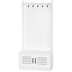 HOMCOM Modern Hall Tree, Entryway Coat Rack With Shoe Bench, 5 Hooks, Storage Shelf And Slatted Door Cabinet For Hallway, White -Homcom Crosley Shop GUEST 857cb9c6 e3d2 4107 a026 31cb40596ba2