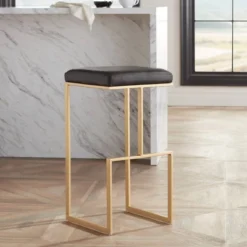 55 Downing Street Gold Metal Bar Stool 29 1/2" High Modern Brown Leather Cushion With Footrest For Kitchen Counter Height Island