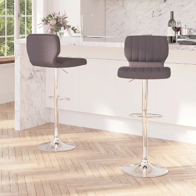 Merrick Lane Set Of Two Swivel Bar Stools In Charcoal Fabric With Vertical Stitched Back And Adjustable Chrome Base With Footrest 3 Merrick Lane Set Of Two Swivel Bar Stools In Charcoal Fabric With Vertical Stitched Back And Adjustable Chrome Base With Footrest