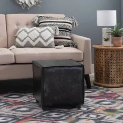 Tawny Leather Ottoman - Linon