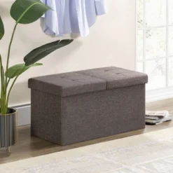 30" Button Tufted Folding Storage Ottoman Bench With Smart Lift Top - Mellow